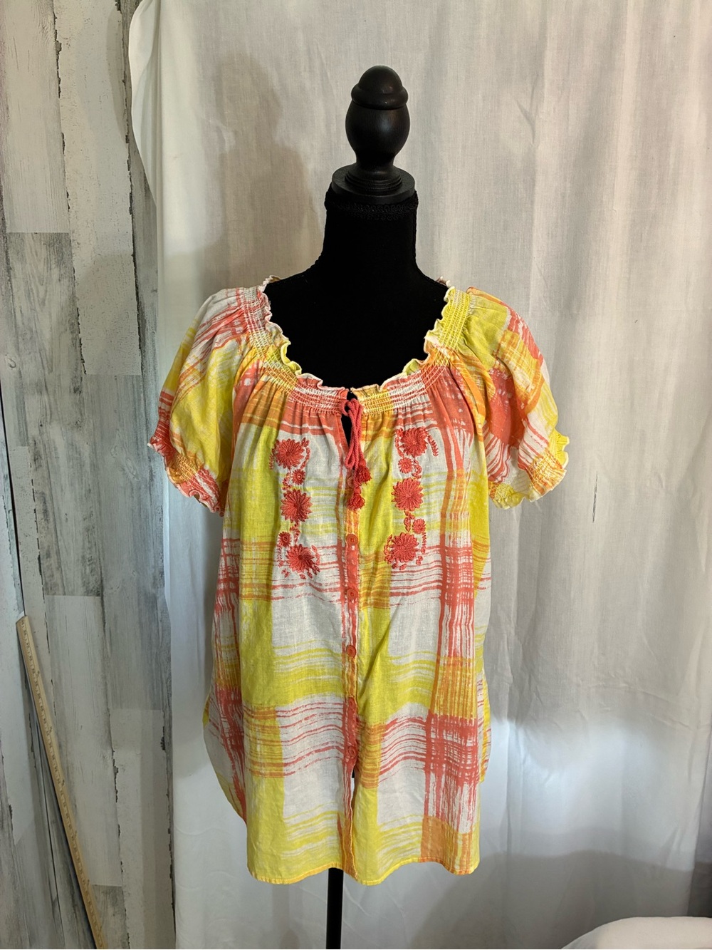 Caribbean Joe Yellow & Coral Plaid Floral Peasant Blouse